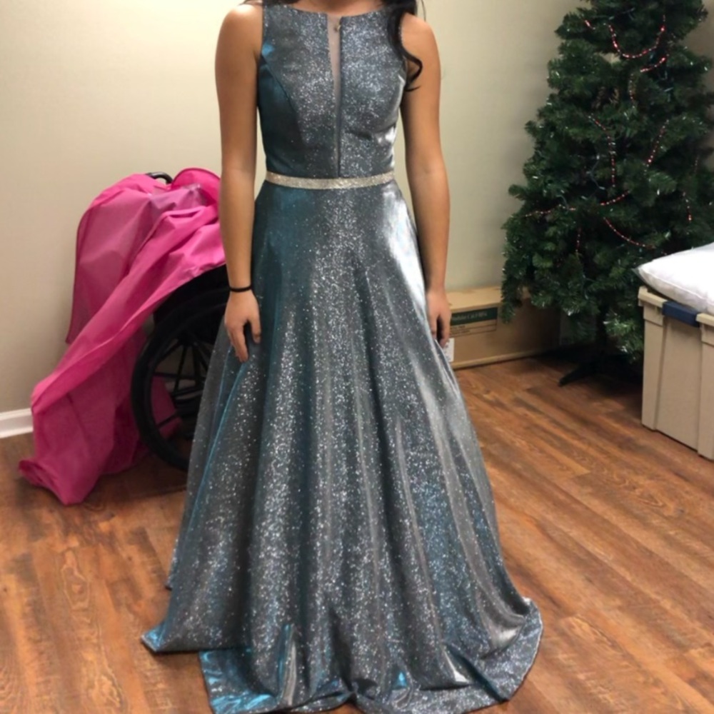 Sherri hill metallic aqua prom dress